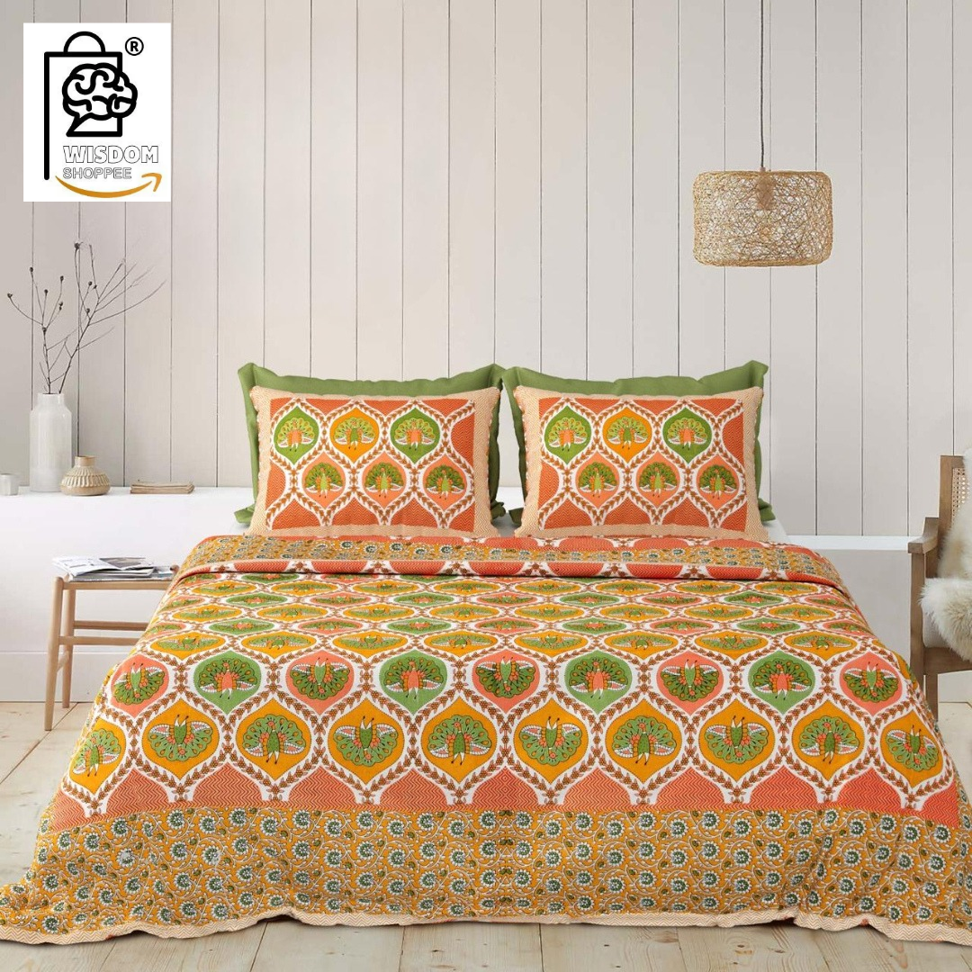 WSOKO COTTON JAIPUR PRINT BEDSHEET KING SIZE 100% PURE  COTTON 400TC BEDSHEET WITH 2 PILLOW 3P SET 108X108 SIZE