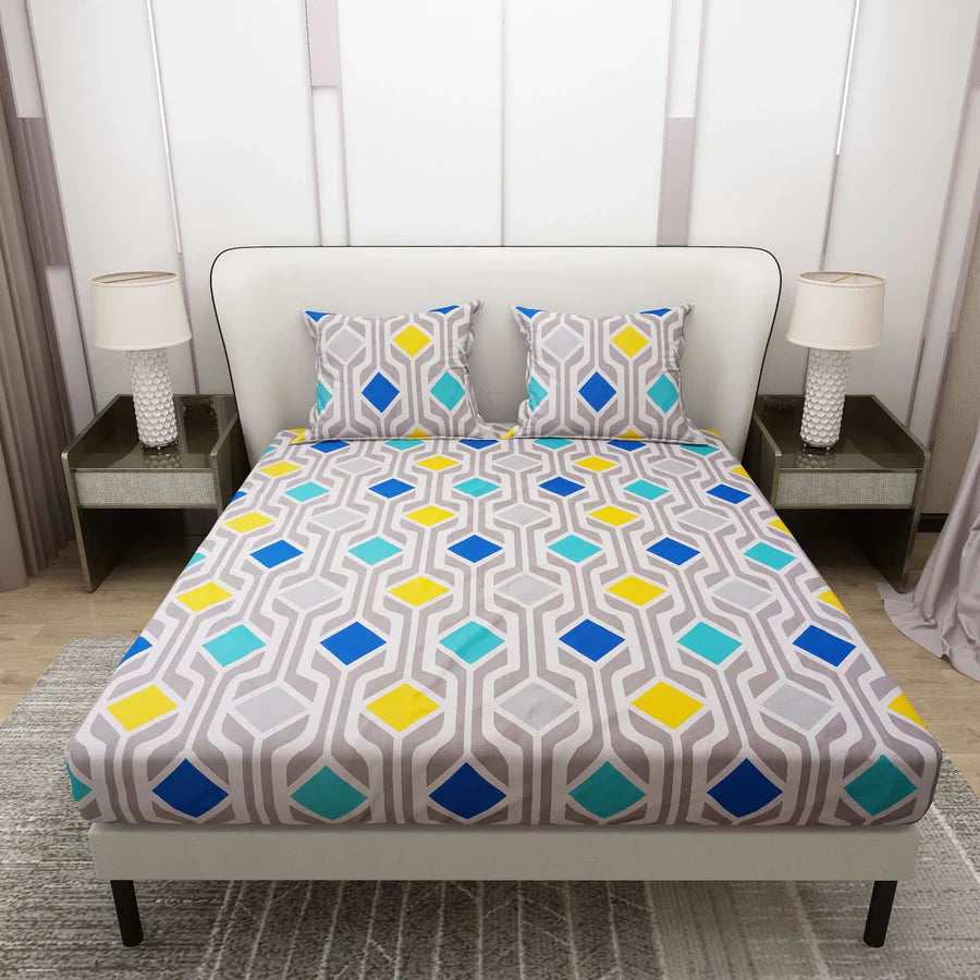 WSOKO PREMIUM COTTON.100% TC 300 QUEEN SIZE 90X100 BEDSHEET 2PILLO 3P SET MULTI COLOUR