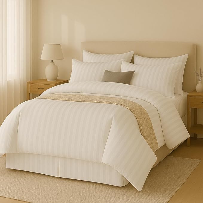 wsoko 400tc all season satin strip ac premium comforter with bedsheet super king size (90x100) 4p set