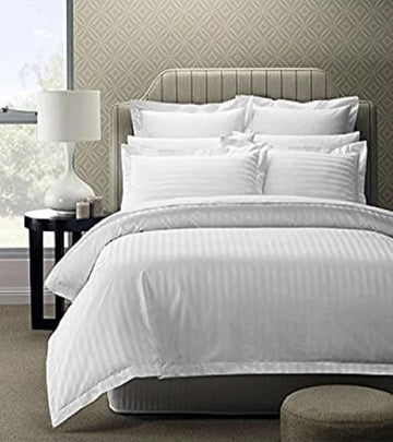 WSOKO COTTON 300 TC 100% Cotton Satin Stripes Double Bed Sheet - Premium Hotel Bedsheet and Pillow Covers Set for Hotels, Guest House & B&B (White,90x100 inch)