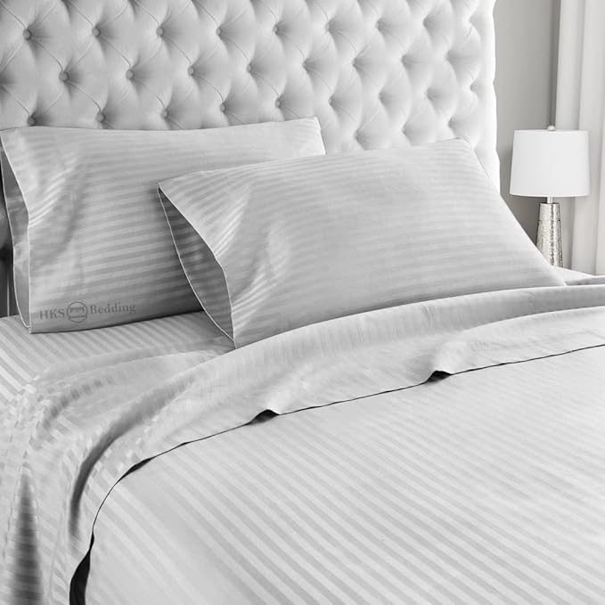 WSOKO 100% PREMIUM STRIP PALAN COTTON  BEDSHEET 300TC 2PILLO 3P SET QUEEN SIZE 90X100