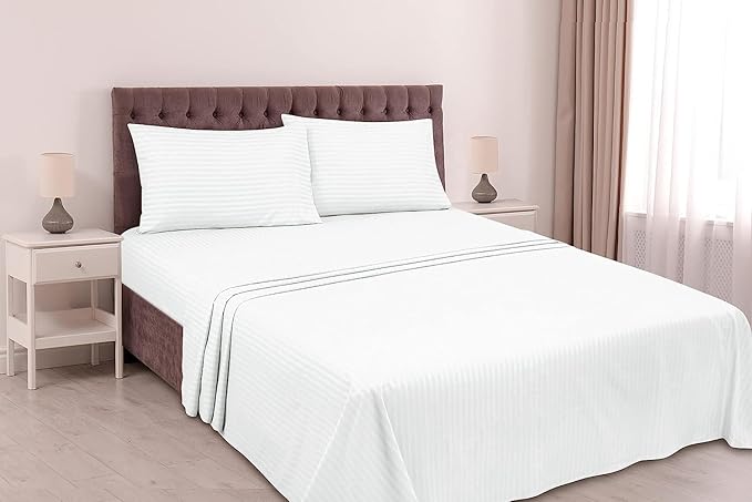 WSOKO COTTON  400TC 100% Cotton Satin Stripes King Bed Sheet - Premium Hotel Bedsheet + 2 Pillow Covers Set for Hotels, Guest House & B&B (White,108x108 inch)