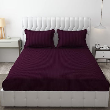 WSOKO  300 TC Cotton Plain Stripe Queen Size Double Bedsheet for Double Bed with Two Pillow Covers (Queen, Violet) (90 * 100 Inches)