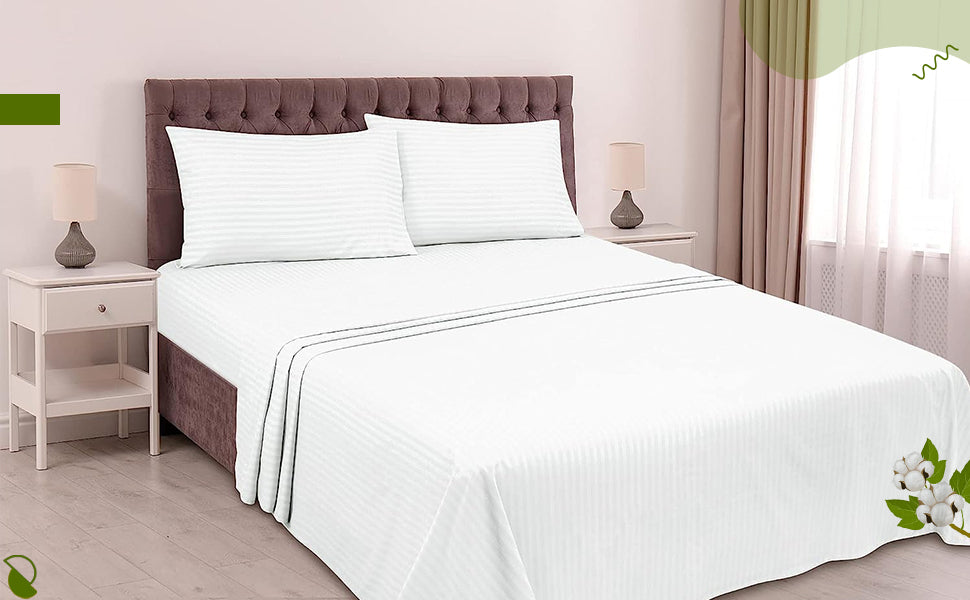 WSOKO.COTTON 400TC 100% Cotton Satin Stripes King Bed Sheet - Premium Hotel Bedsheet + 2 Pillow Covers Set for Hotels, Guest House &amp; B&amp;B (White,108x108 inch)