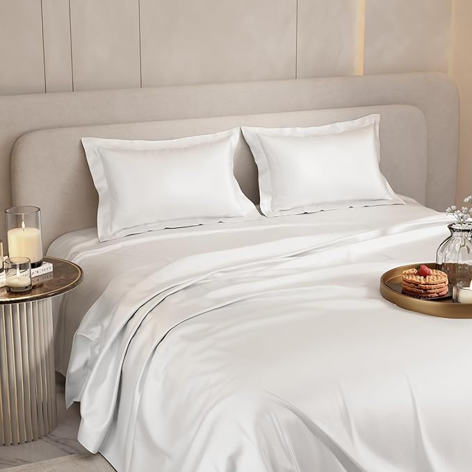 Satin Bedsheet - Double Bed with Pillow Covers, Vanilla White - WSOKO