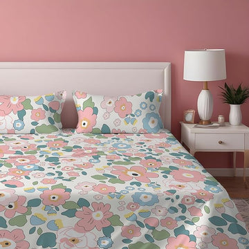 WSOKO COTTON Collection Super King Size Bedsheets with 2 King Size Pillow Covers| Luxury Soft Sheets (3pcs Set) |108x108 inches, (White &amp; Multicolour, Cotton)