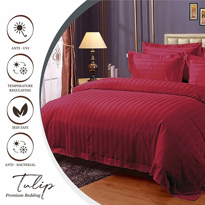 WSOKO 100% Egyptian Cotton Bed Sheets 600 Thread Count Sateen Finish Luxuries Hotel Quality (1 Flat Bedsheet and 2 Pillowcase) Burgundy Stripe King Size