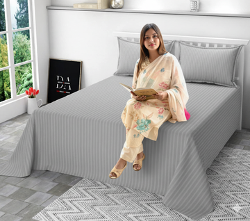 WSOKO 100% PREMIUM STRIP PALAN COTTON  BEDSHEET 300TC 2PILLO 3P SET QUEEN SIZE 90X100
